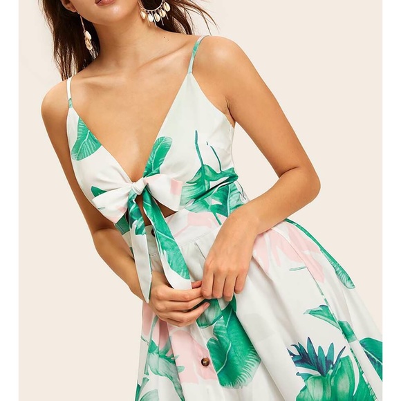 White Leaf Print Cut Out Button Down Midi Dress - Picture 4 of 6